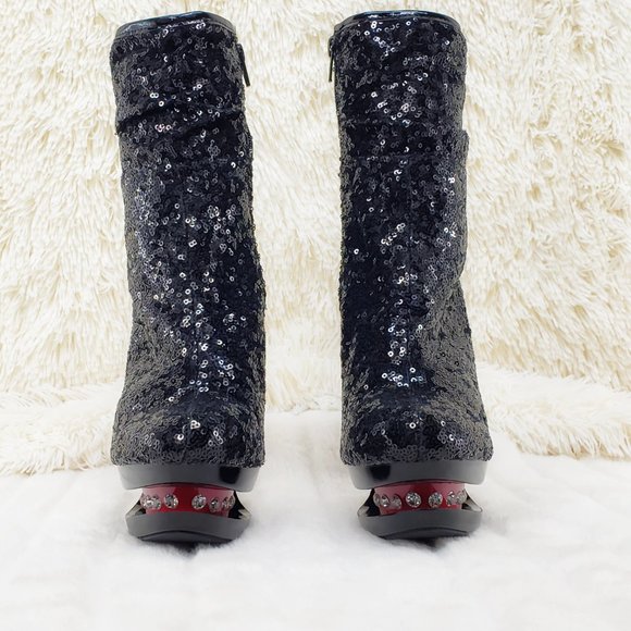 Pleaser Sexy Black Sequin Red High Heel Slouch Ankle Boots Blondie 1009 - Picture 7 of 15